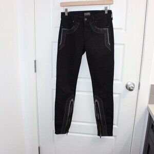 Mother Jeans Looker Inside Zip Black Embroidered Size 25 Mid Rise Skinny